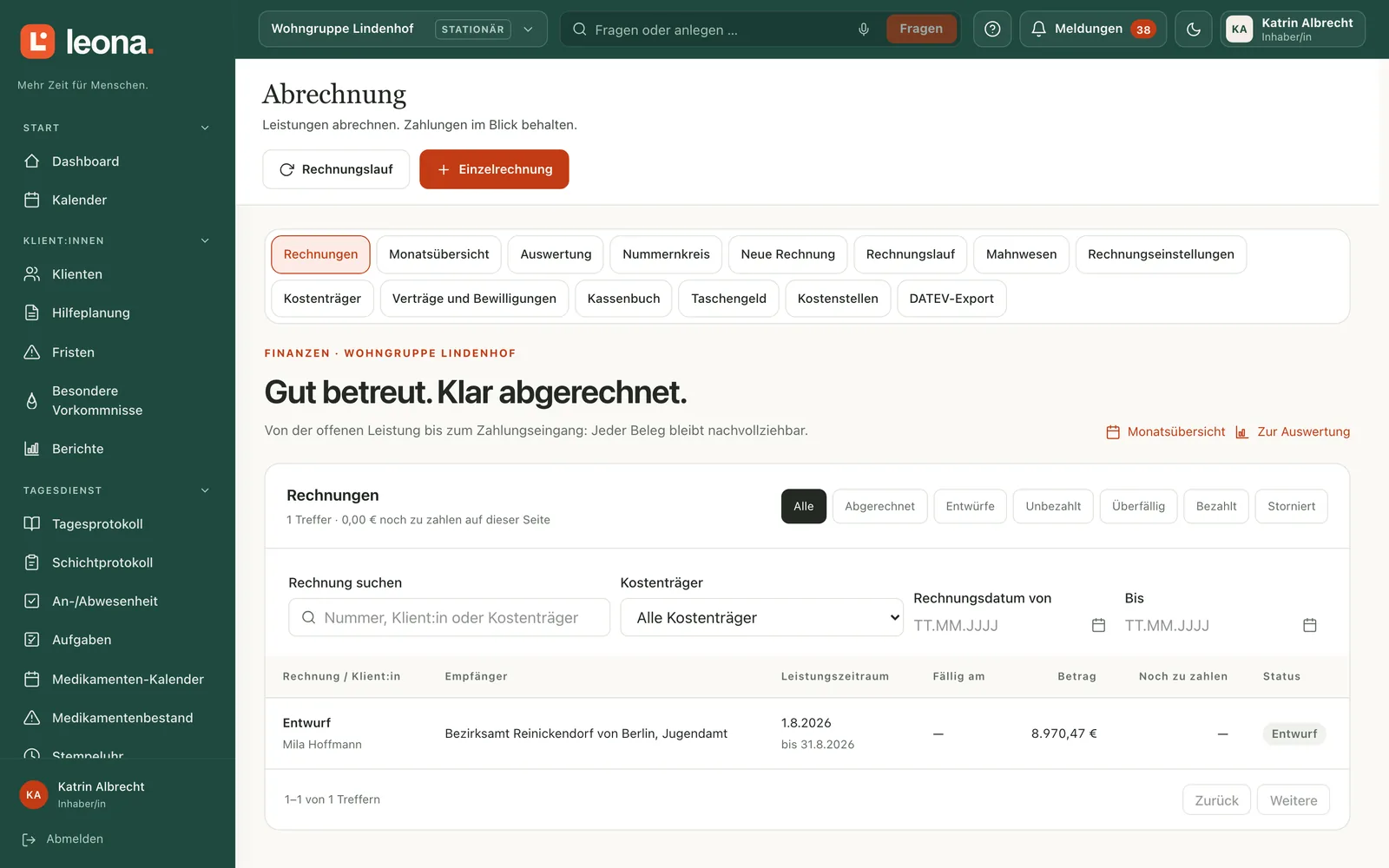 Abrechnung: Rechnungen, Entwürfe, E-Rechnung und DATEV-Export.