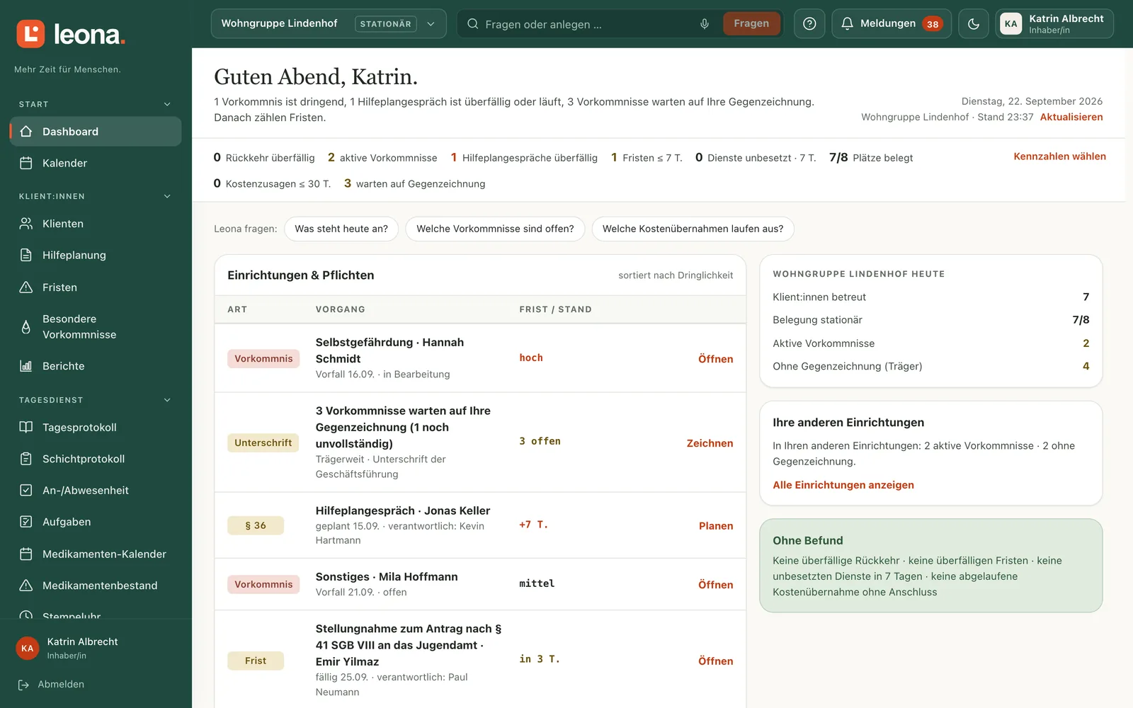 Startseite der Leitung: die Lage in einem Satz, darunter die Vorgänge nach Dringlichkeit.