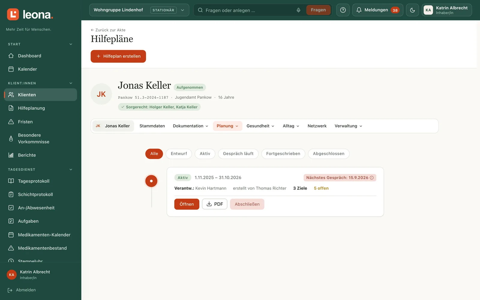 Hilfeplan mit Zielen, Status und dem nächsten Hilfeplangespräch.