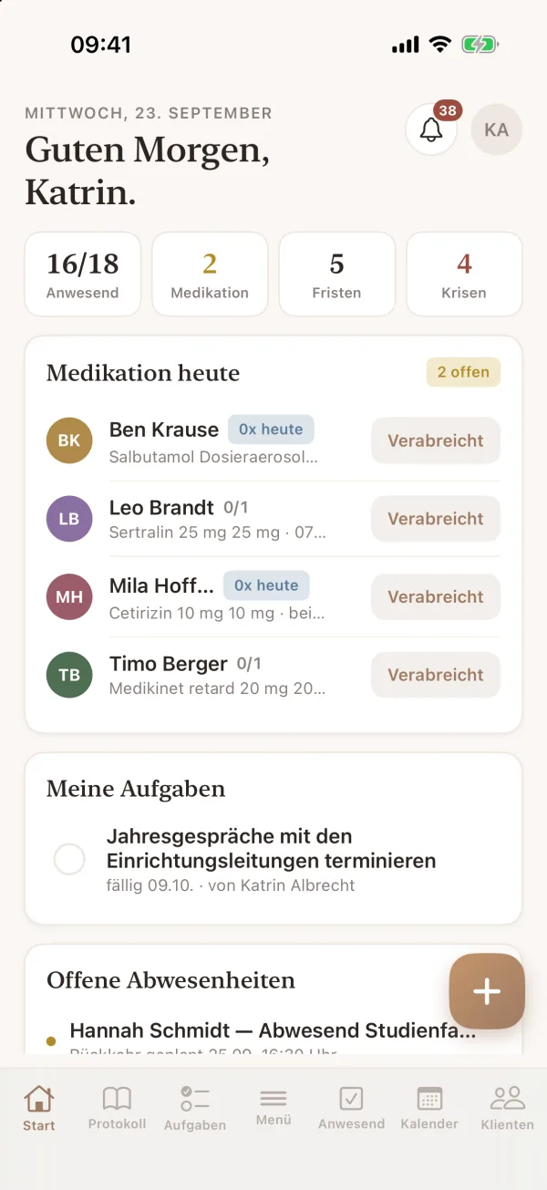 iPhone: der Tag auf einen Blick, mit Medikation und eigenen Aufgaben.