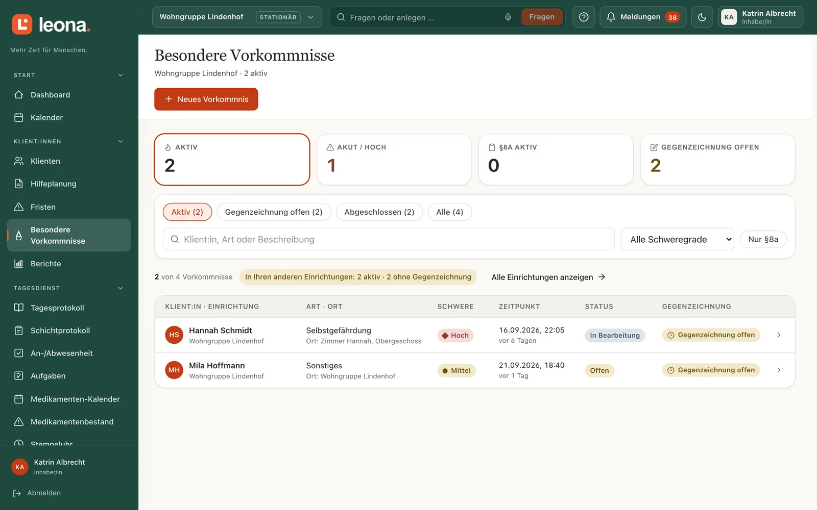 Besondere Vorkommnisse mit Schwere, § 8a und Gegenzeichnung.