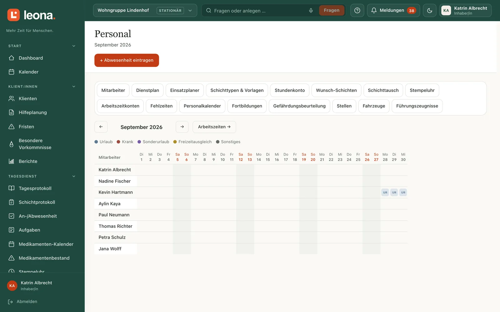Personal: Abwesenheiten und Übersicht des Teams im Monat.