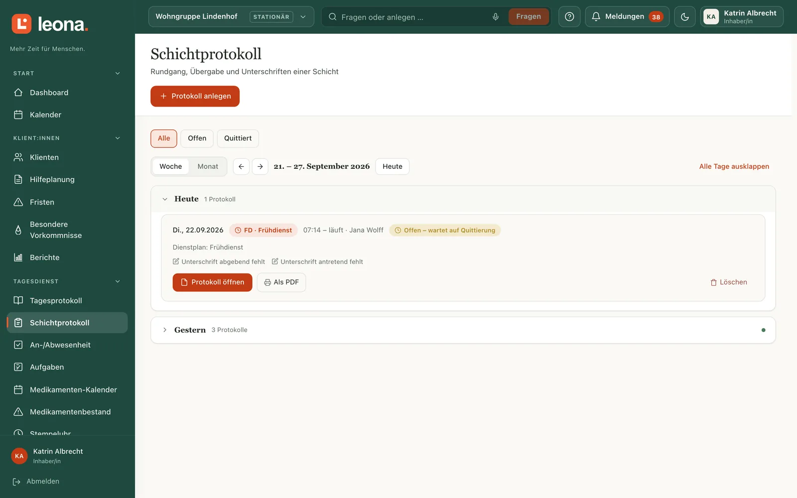 Schichtprotokolle nach Tagen, mit Quittierung und PDF.